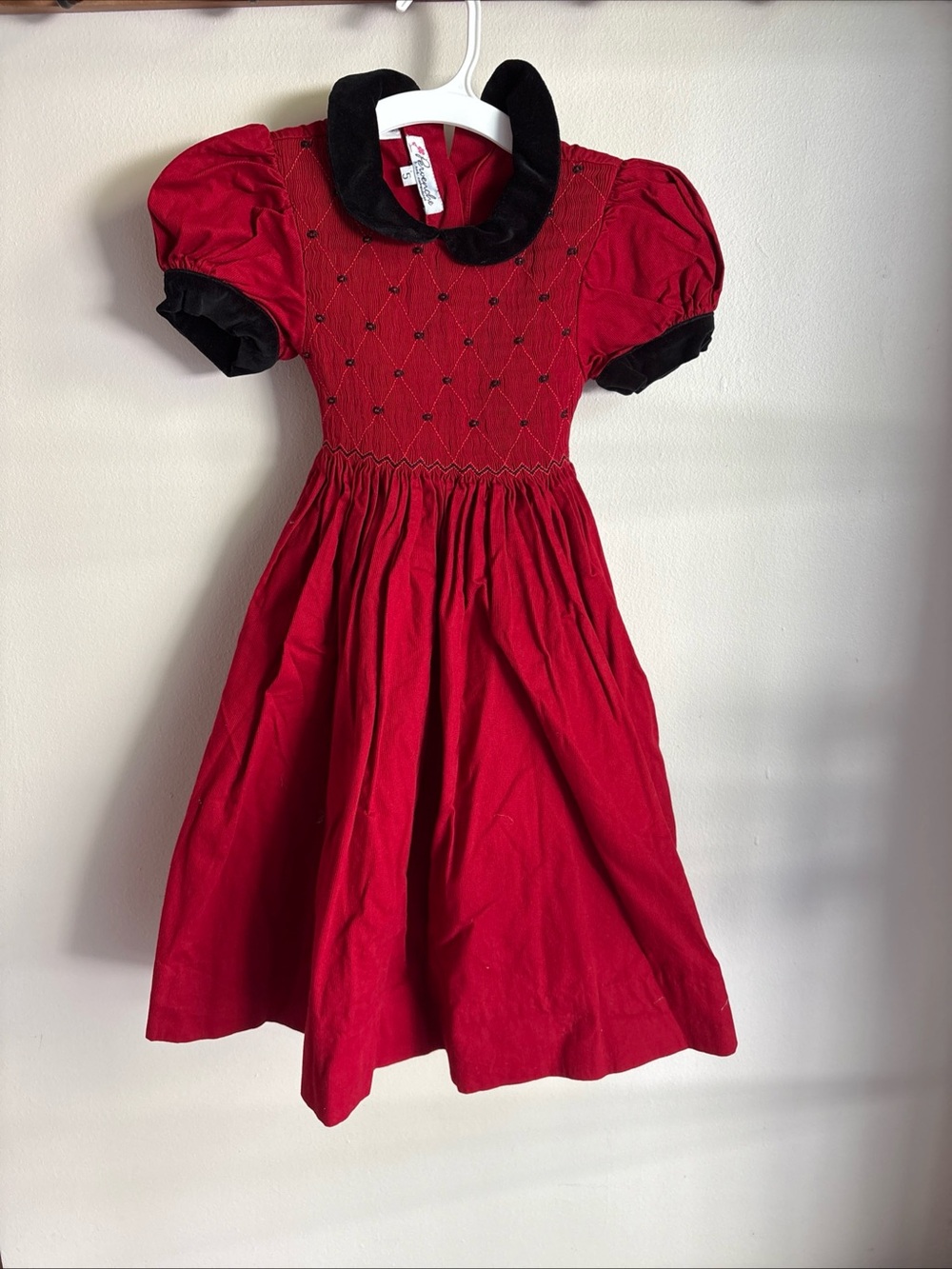 Girls Red Cotton Smocked Vintage Holiday Dress 5t